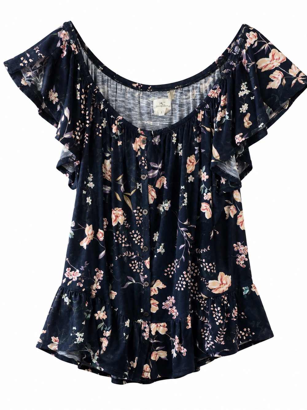 O’Neil Off-the-shoulder flowy boho floral button-front blouse S